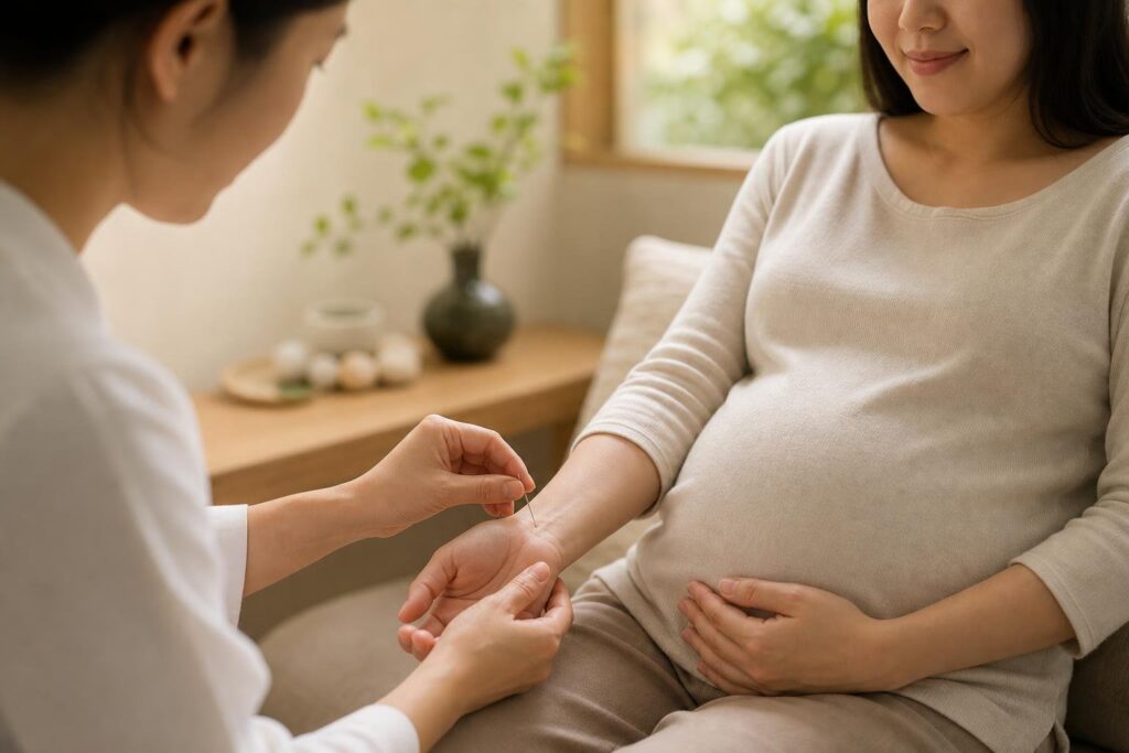Acupuncture on the wrist to ease pregnancy nausea