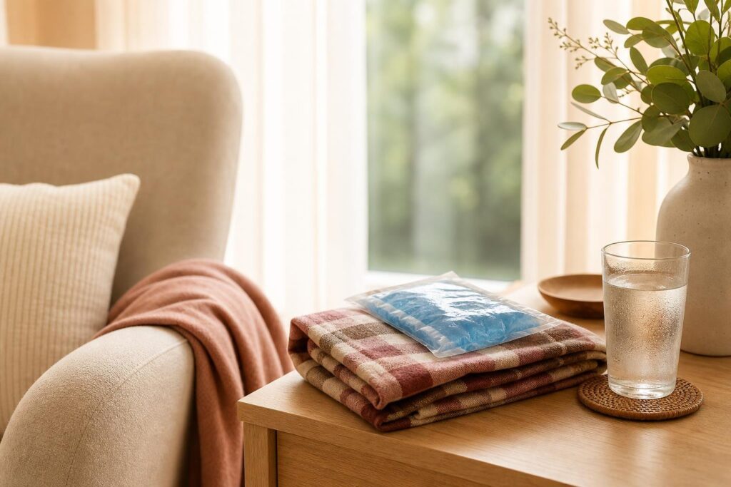 Warm compress, cold gel pack and water by a nursing chair for breast engorgement relief at home