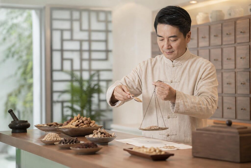 TCM physician preparing prescribed herbs at a reputable clinic