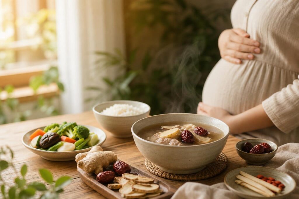Nourishing herbal soup with red dates and ginger for pregnancy