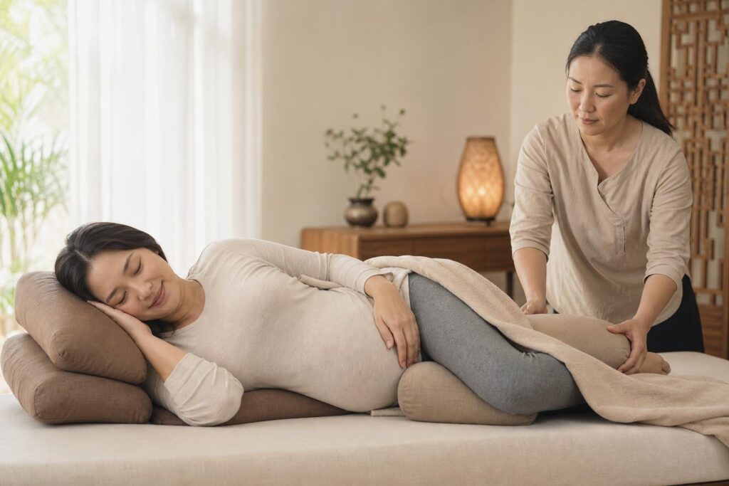 Pregnant woman positioned on her side with pillows for a prenatal massage