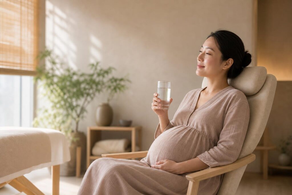 Pregnant woman resting and relaxed after a first prenatal massage