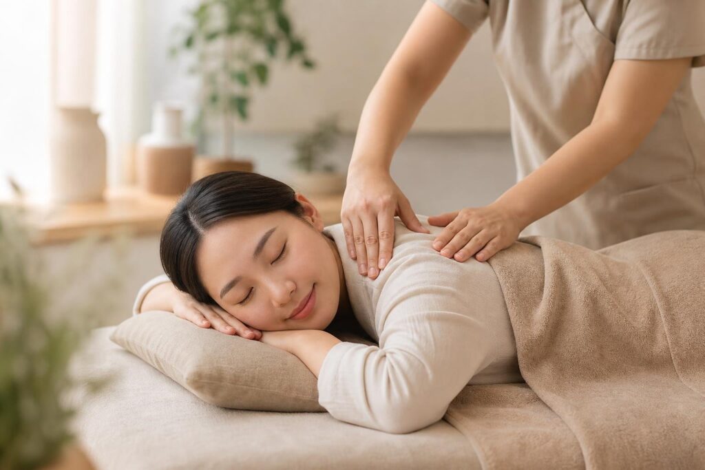 New mother receiving a gentle postnatal back massage lying on her side