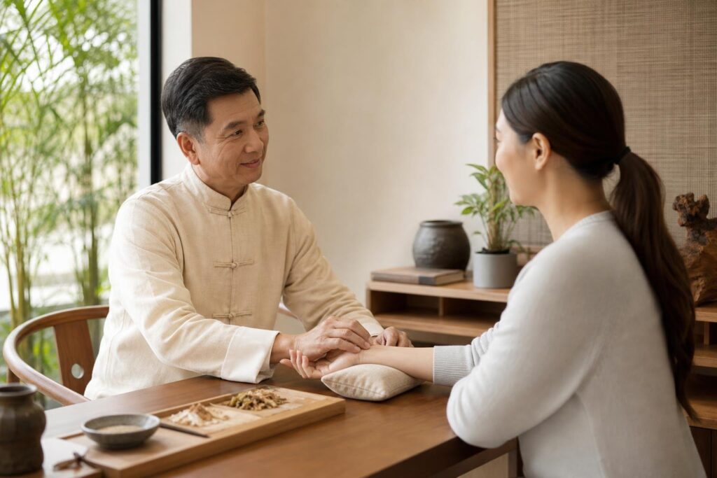 TCM physician taking the pulse during an endometriosis consultation