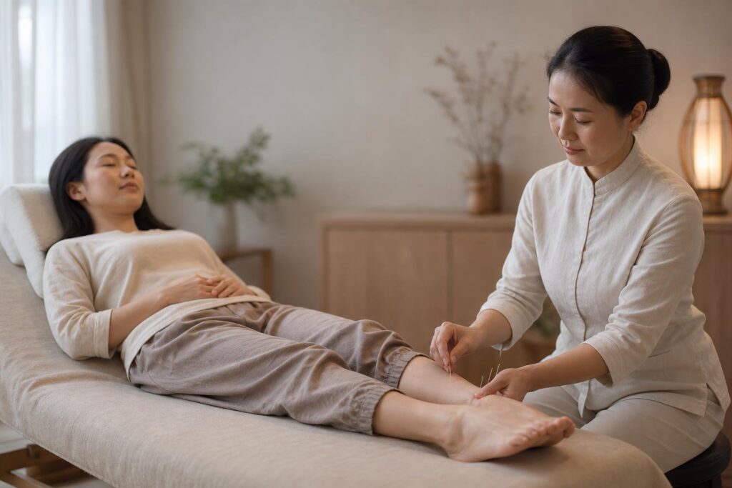 Gentle acupuncture on the lower leg to support endometriosis care