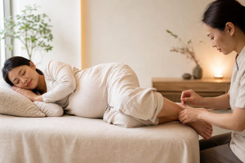 Pre-birth acupuncture on the lower leg in late pregnancy