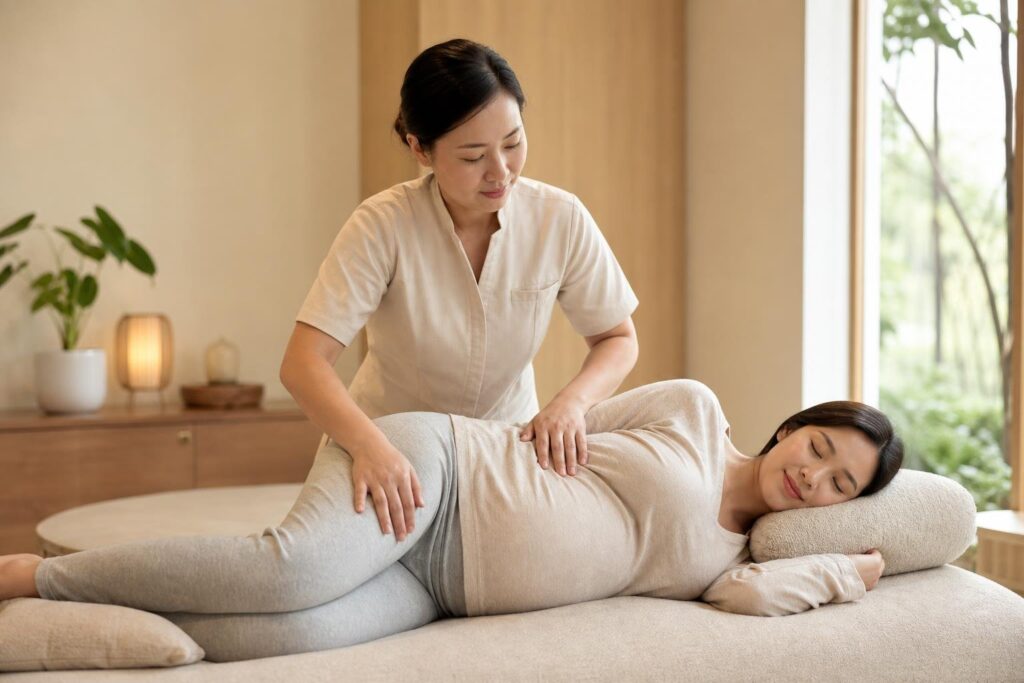 Gentle TCM massage easing the lower back and hips in pregnancy