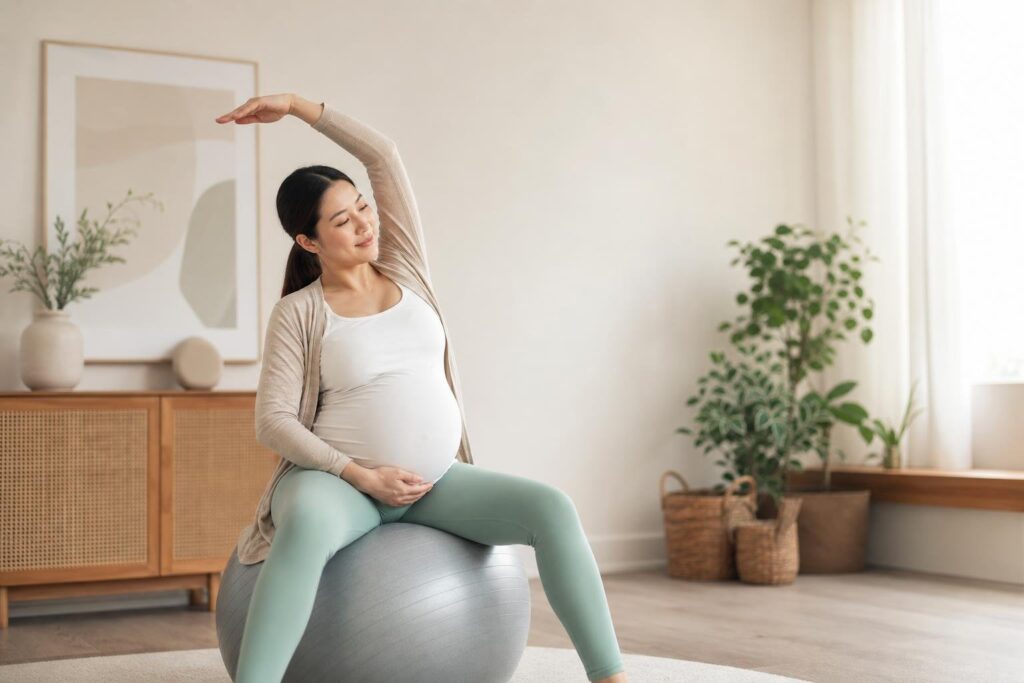 Pregnant woman doing gentle self-care stretches at home for aches